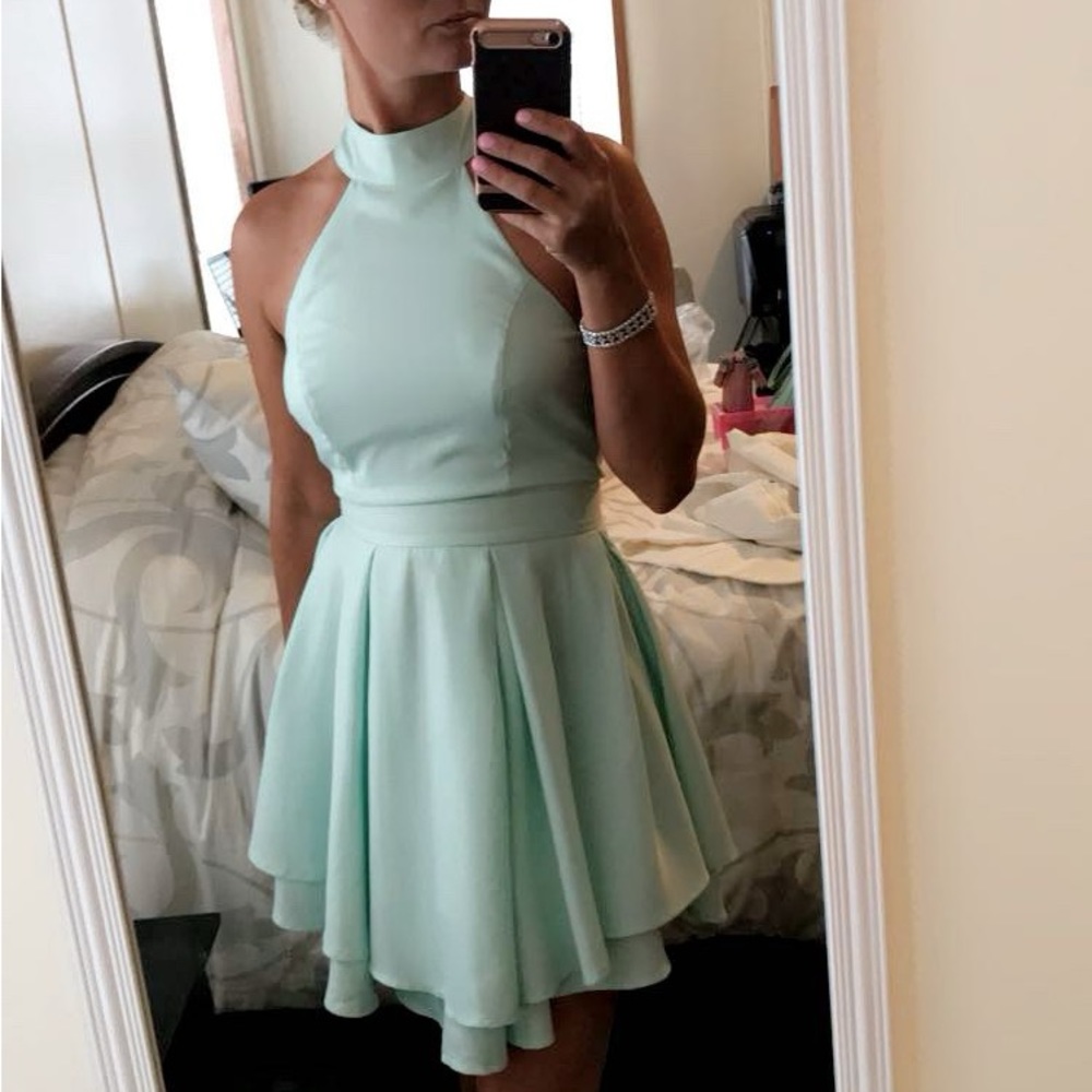 Green Halter Fit and Flare Mini Dress for Weddings